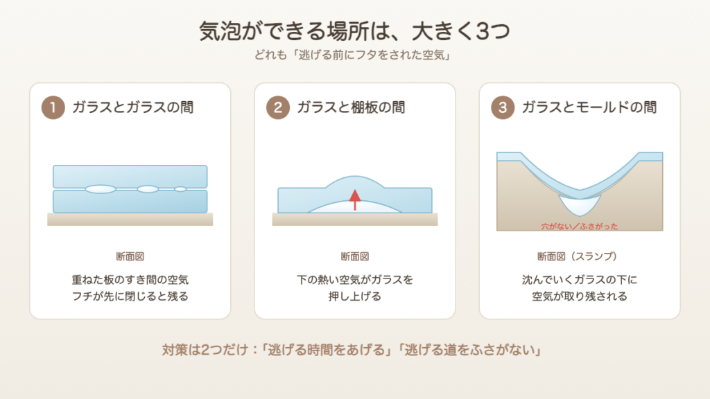 フュージングで気泡ができる3つの場所（ガラスとガラスの間・ガラスと棚板の間・ガラスとモールドの間）の断面図