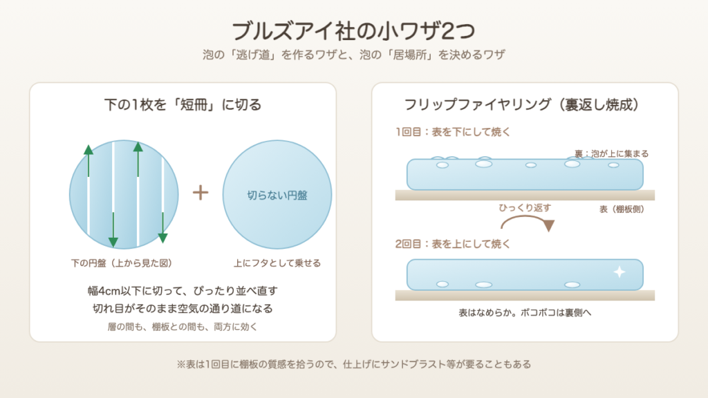 ブルズアイ社の小ワザ：下の円盤を短冊に切る方法とフリップファイヤリング（裏返し焼成）