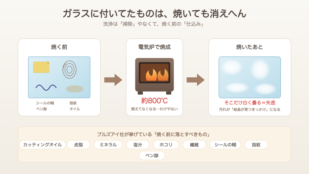 ガラスに付いてたものは焼いても消えない：焼く前の汚れがそのまま失透になる図