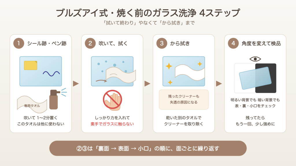 ブルズアイ式・焼く前のガラス洗浄4ステップの図