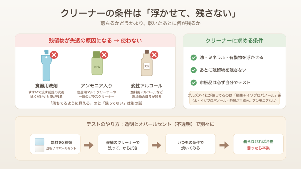 ガラスクリーナーの条件「浮かせて、残さない」：使わない洗剤3つとテストの流れ