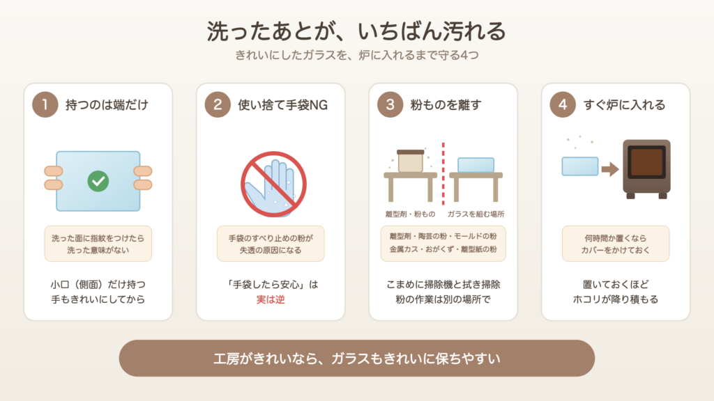 洗ったあとにガラスを汚さない4つのポイントの図