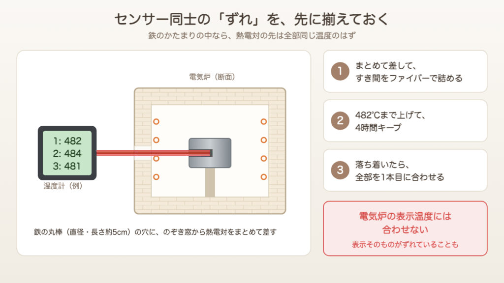 鉄の丸棒に熱電対をまとめて差し、482℃で4時間キープして1本目に合わせる手順